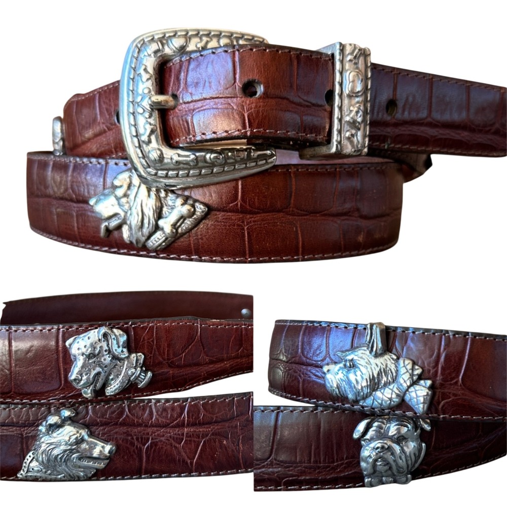 Talbots Brown Croc Embossed Leather Belt Silver Dog Concho Western